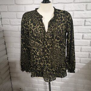 NWT George Ladies Size Small Black & Olive Green Animal Print Sheer Blouse